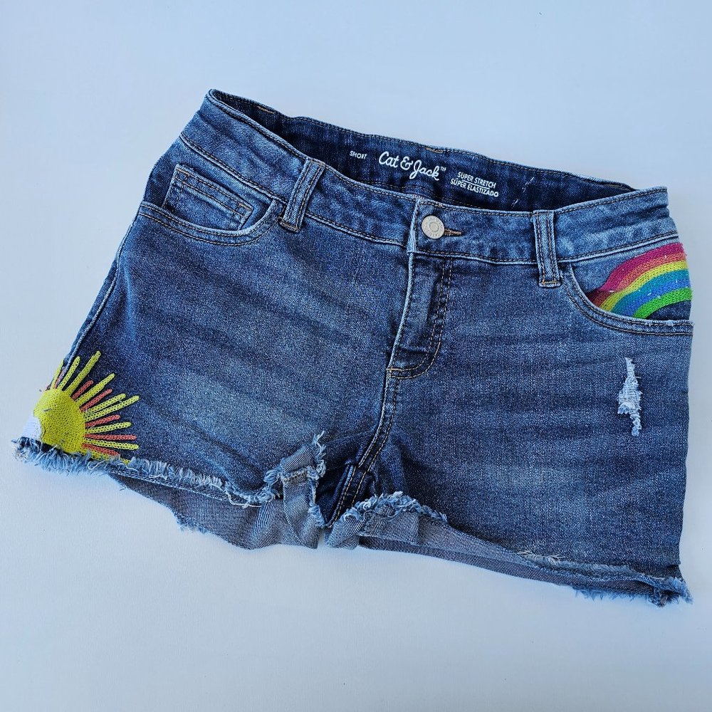 Cat & Jack Embroidered Adj. Waist Jean Shorts Rainbow & Sun EUC Girls L 10/12